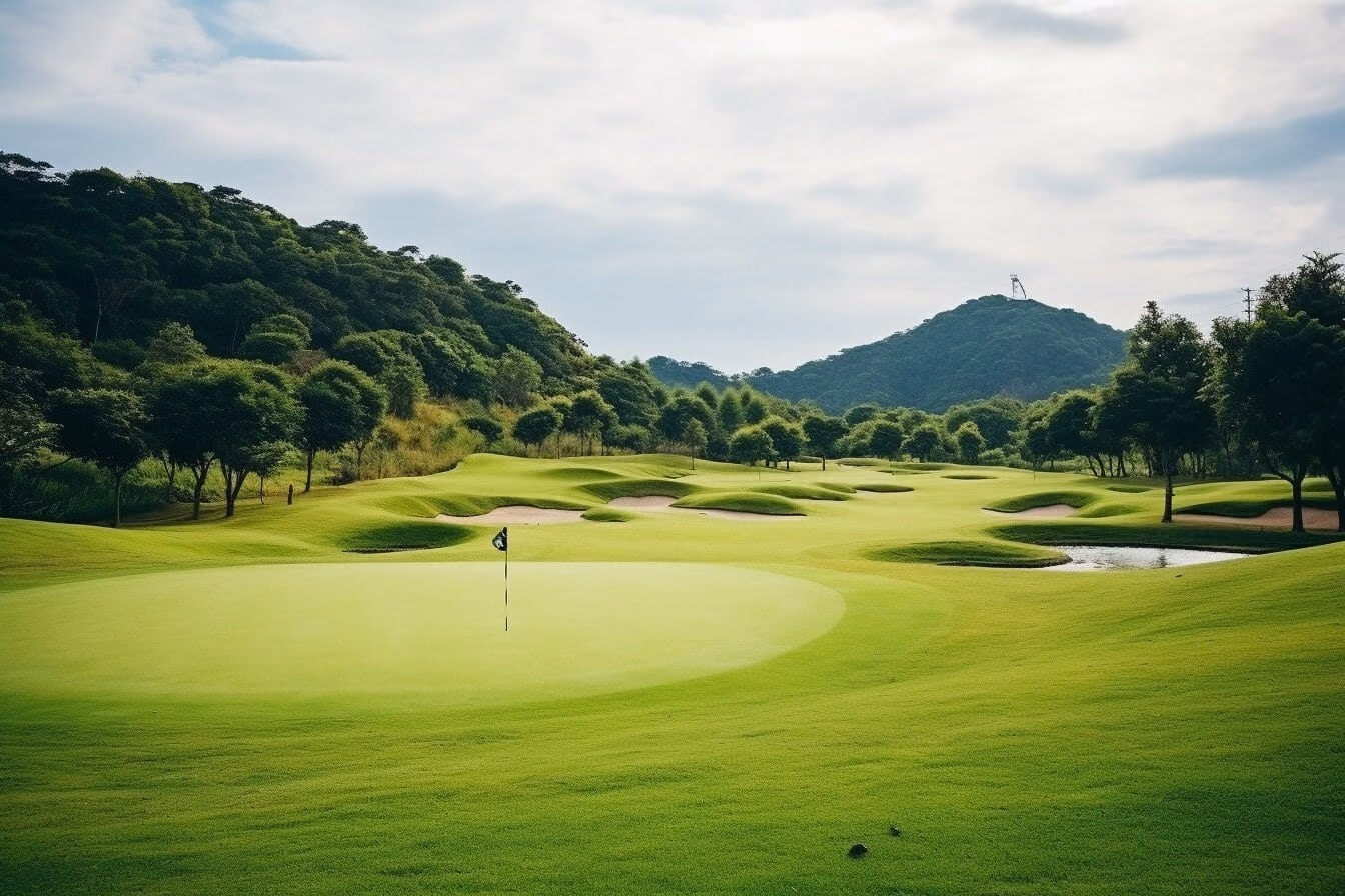 Golf green and flag surrounded by fairways, trees and hills