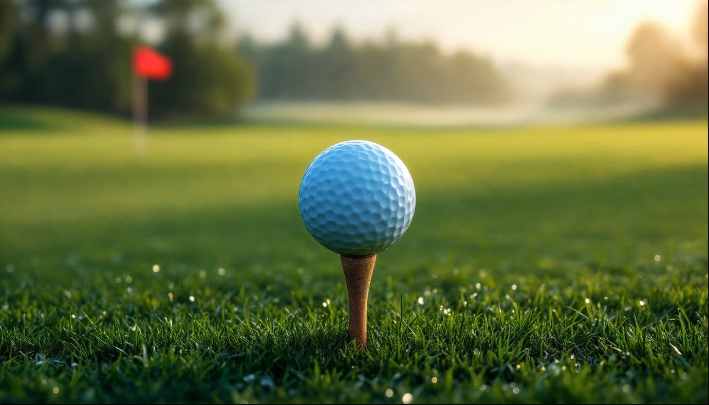 Golf ball on a tee in grass with a distant flag