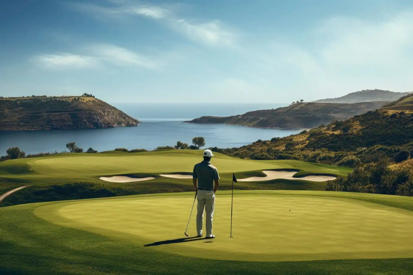 Golfer standing on a green overlooking coastal water