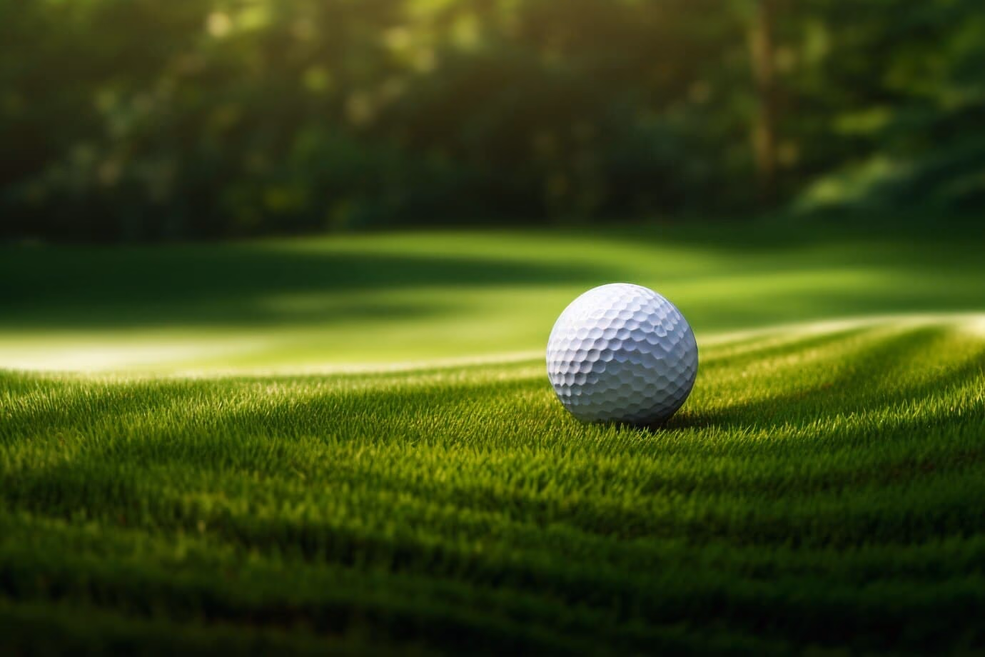 Golf ball resting on closely cut grass