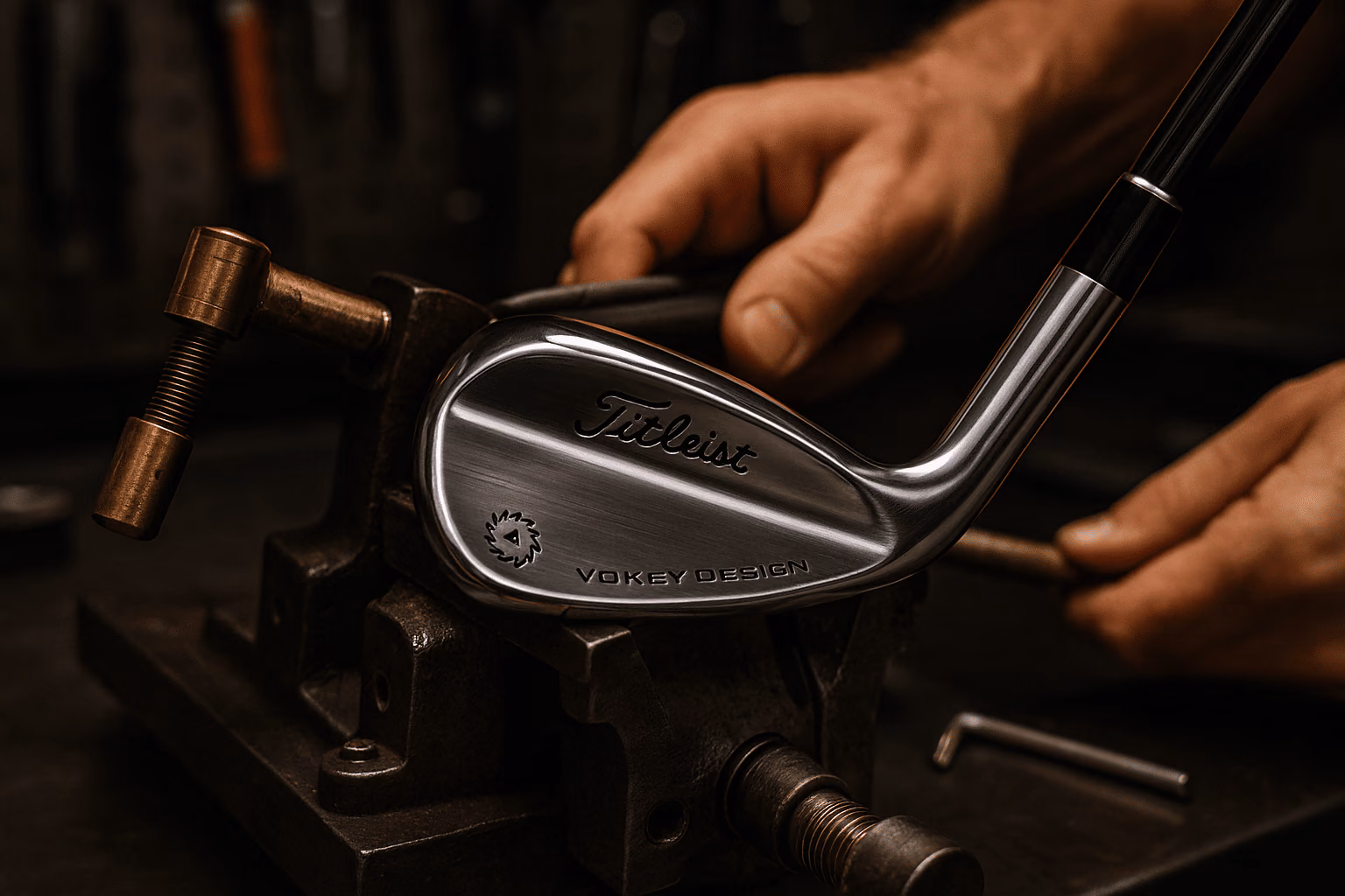Hands working on a Titleist wedge held in a workshop vice