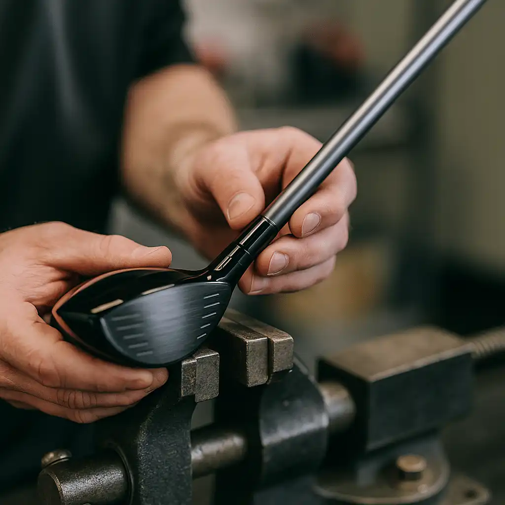 Hands working on a golf club held in a workshop vice