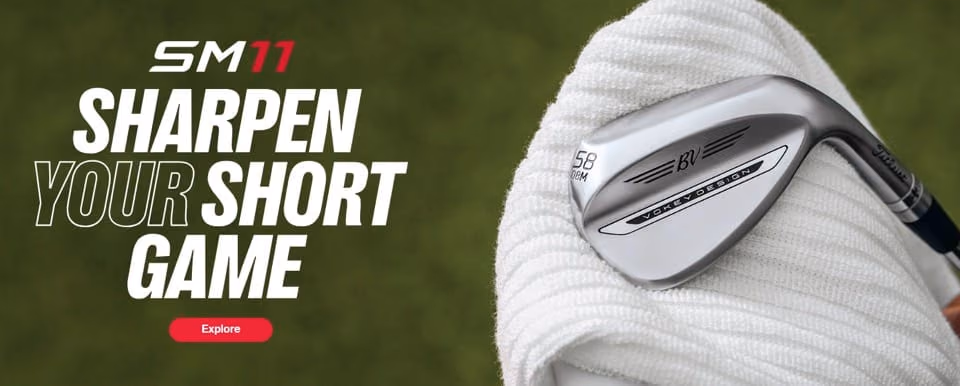 Wedge held in a gloved hand beside a Sharpen Your Short Game banner
